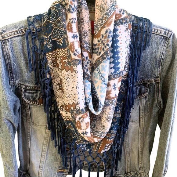 Boho Western Teal Blue Tan Brown Print Bandana Neck Scarf Size XS Fringe - Picture 2 of 11